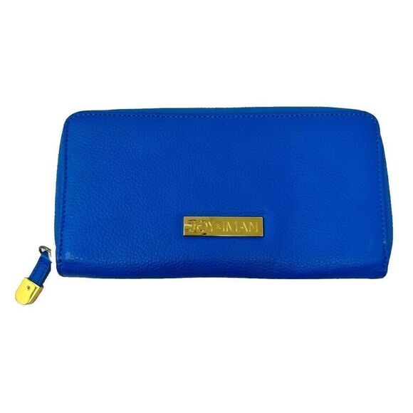 Joy & Iman‎ Tan Leather Zip Card Pockets Sky Blue Clutch Wristlet - Picture 7 of 7